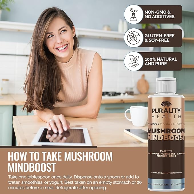 Mushroom Mindboost, Liposomal Formula, Helps with Brain Fog, Natural Energy, King Trumpet, Turkey Tail, Chocolate Flavor, Vegan, 15 Day Supply