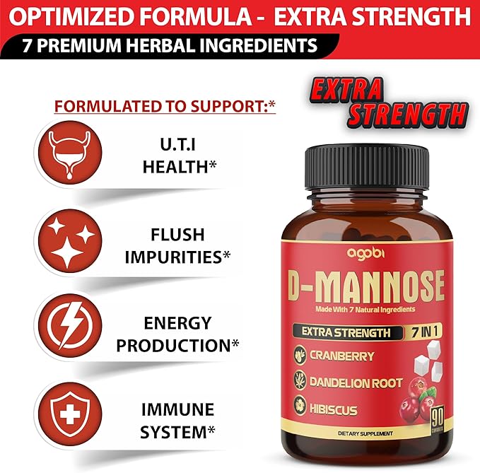 D-Mannose Capsules - 7 Herbs with Cranberry, Dandelion, Hibiscus and More - Support Flush Impurities and Urinary Tract Health - 90 Vegan Capsules 3-Month Supply