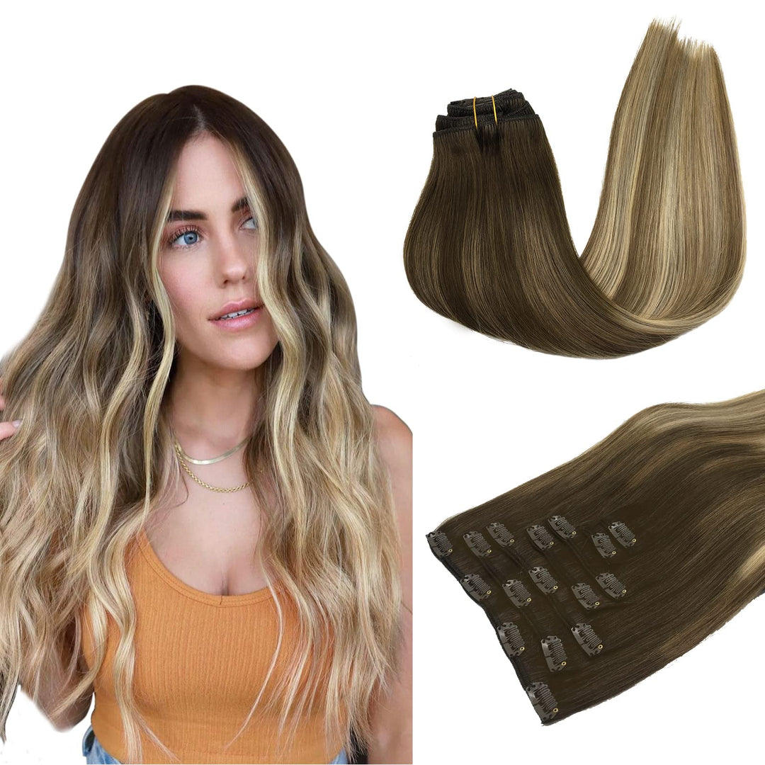 Hair Extensions Clip In Human Hair, 120G 7Pcs 20 Inch, Maxita Walnut Brown To Ash Brown And Bleach Blonde Hair Extensions Clip I