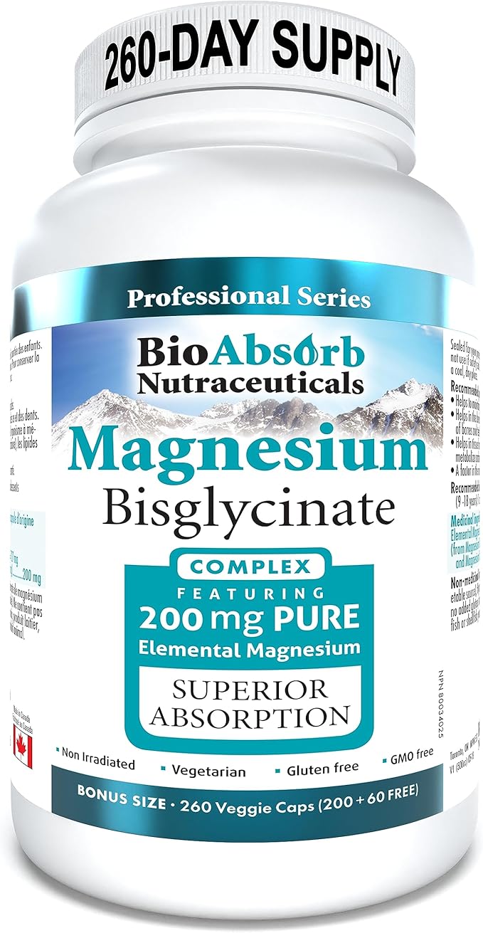 Bio Absorb Magnesium Glycinate/Bisglycinate Supplement. 200mg of Chelated Elemental Magnesium. 260 Vegan Capsules (260-Day Supply)