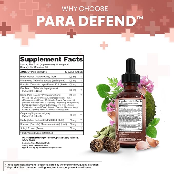 para Defend Wormwood Black Walnut Cleanse for Humans Drops Liquid Soursop Garlic Pumpkin Seed PAU D'Arco Oil of Oregano Turmeric Berberine Neem Extract Hull Bark Tincture by Clean Nutra