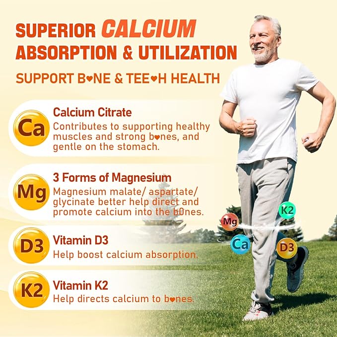 Calcium Magnesium Supplement Gummies for Adults: Calcium Citrate 600 mg with Vitamin D3 & K2 for Women Men - Supports B0ne Strength, Better Zzz, Muscles, Energy & Immune (60 Count)