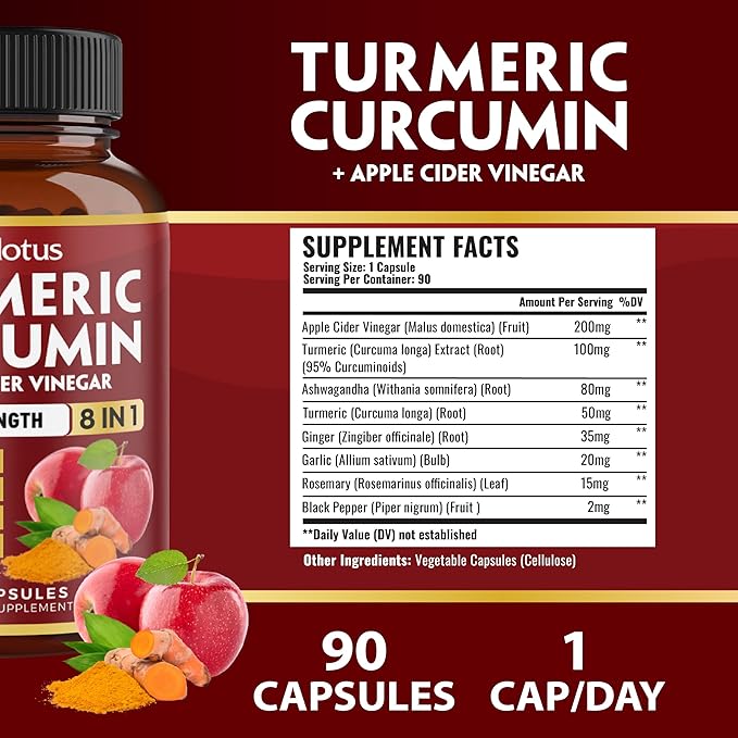 7 in 1 Turmeric Curcumin + Apple Cider Vinegar Capsules, 3 Month Supply with Ashwagandha, Ginger, Garlic Bulb, 95% Standardized Curcuminoids, Joint & Absorption Support