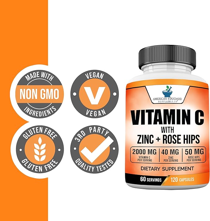 American Standard Supplements Vitamin C 2000mg, Zinc 40mg, and Rose HIPS 50mg Per Serving – Vegan, Gluten Free, Non-GMO (120 Count)