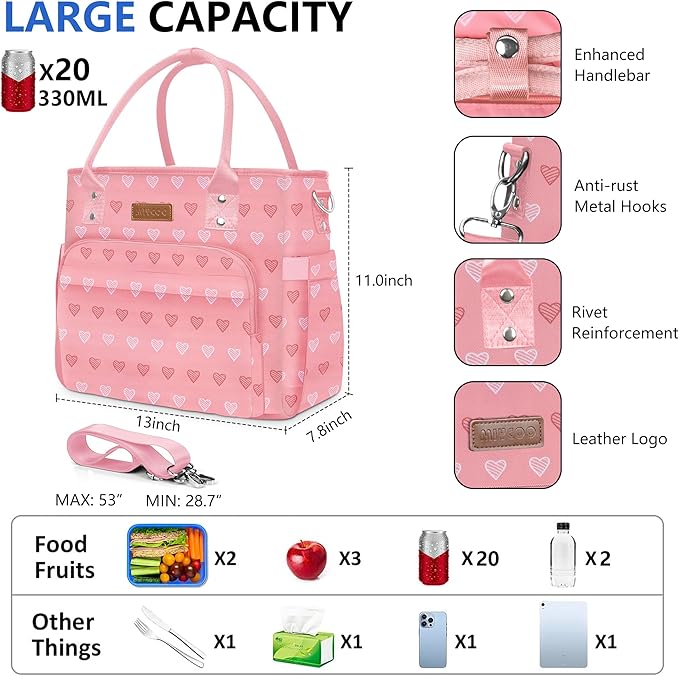 Lunch Bag Lunch Box Women - Leakproof Insulated Lunch Cooler Bag for Women - Large Lunch Tote Bags Adults, Pink Heart