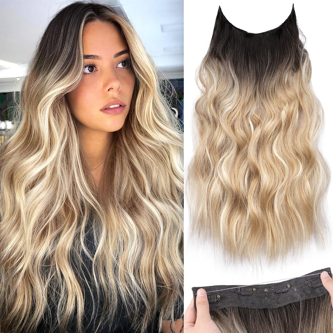 KooKaStyle Invisible Wire Hair Extensions with Transparent Headband Adjustable Size 4 Secure Clips Long Wavy Secret Wire Hairpiece Brown to Blonde 20 Inch for Women