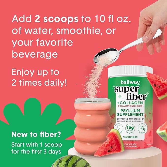 Bellway Super Fiber Powder + Collagen, Sugar-Free Psyllium Husk Powder with Collagen Peptides and Hyaluronic Acid for Gut Health, Healthy Skin, Nails, Bones & Joints, Watermelon (10.6 oz)