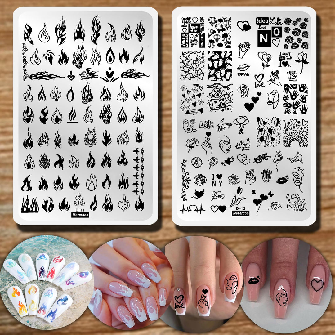 2Pcs Large Size Nail Art Image Stamp Stamping Plates Fire Heart Pattern Manicure Template Diy Polish Stencil Love Palm Footprint