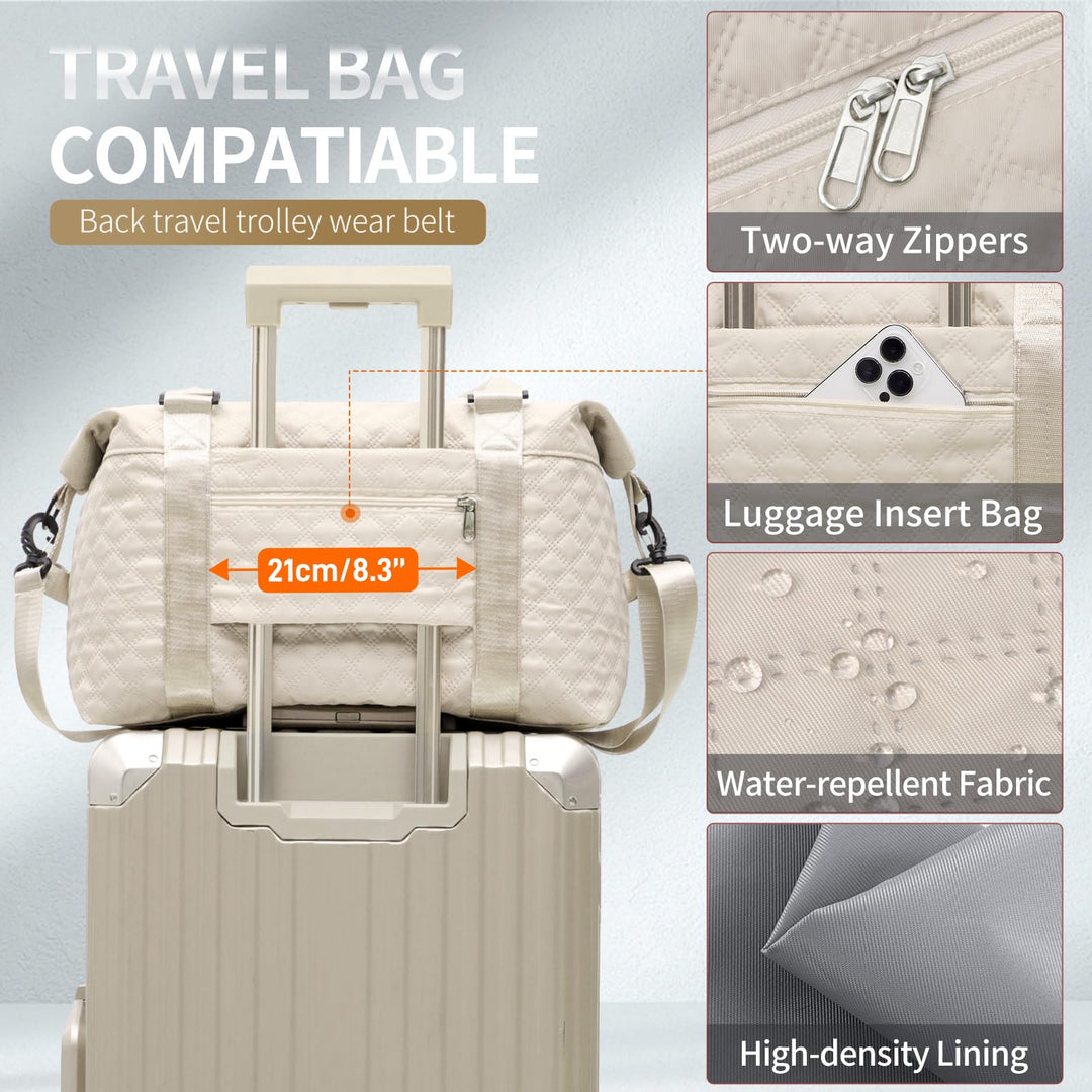 FIORETTO Women's Water-Resistant Travel Gym Duffle Bag with Detachable Strap, Multi-Functional, Ideal for Travel, Gym, Sports, Weekender, DUffel, with Toiletry Bag, Beige