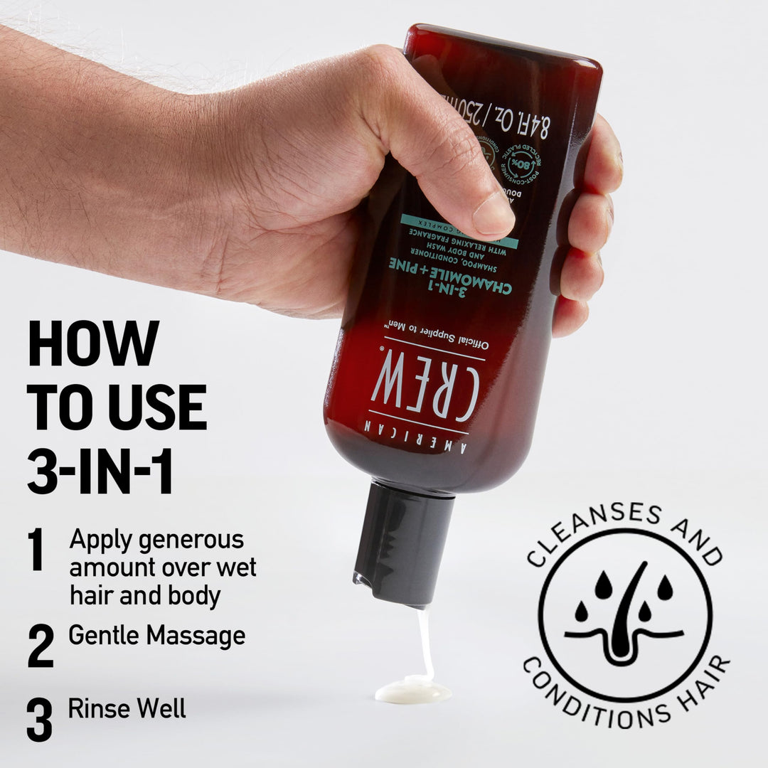 AMERICAN CREW 3-IN-1 CHAMOMILE + PINE Shampoo, Conditioner and Body Wash, 8.4 Fl Oz (Pack of 1)