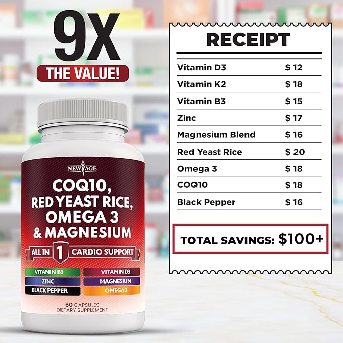 NEW AGE COQ10 200mg Red Yeast Rice 3000mg Omega 3-6-9 3000mg Magnesium Complex 500mg Zinc Vitamin K2 D3 - Vitamins for Women and Men with Vitamin B3, Coenzyme Q10-120 Count