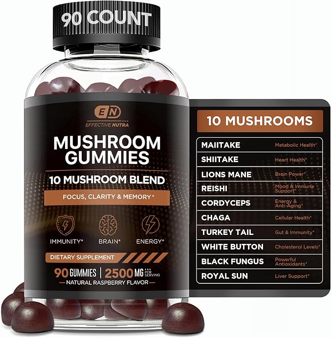 Mushroom Gummies 2500mg | 10 Blend w/Lions Mane, Reishi, Chaga, Cordyceps & More | Focus, Memory, Immunity, Energy | Natural Berry Flavor Supplement | Vegan, Made in USA (90ct)
