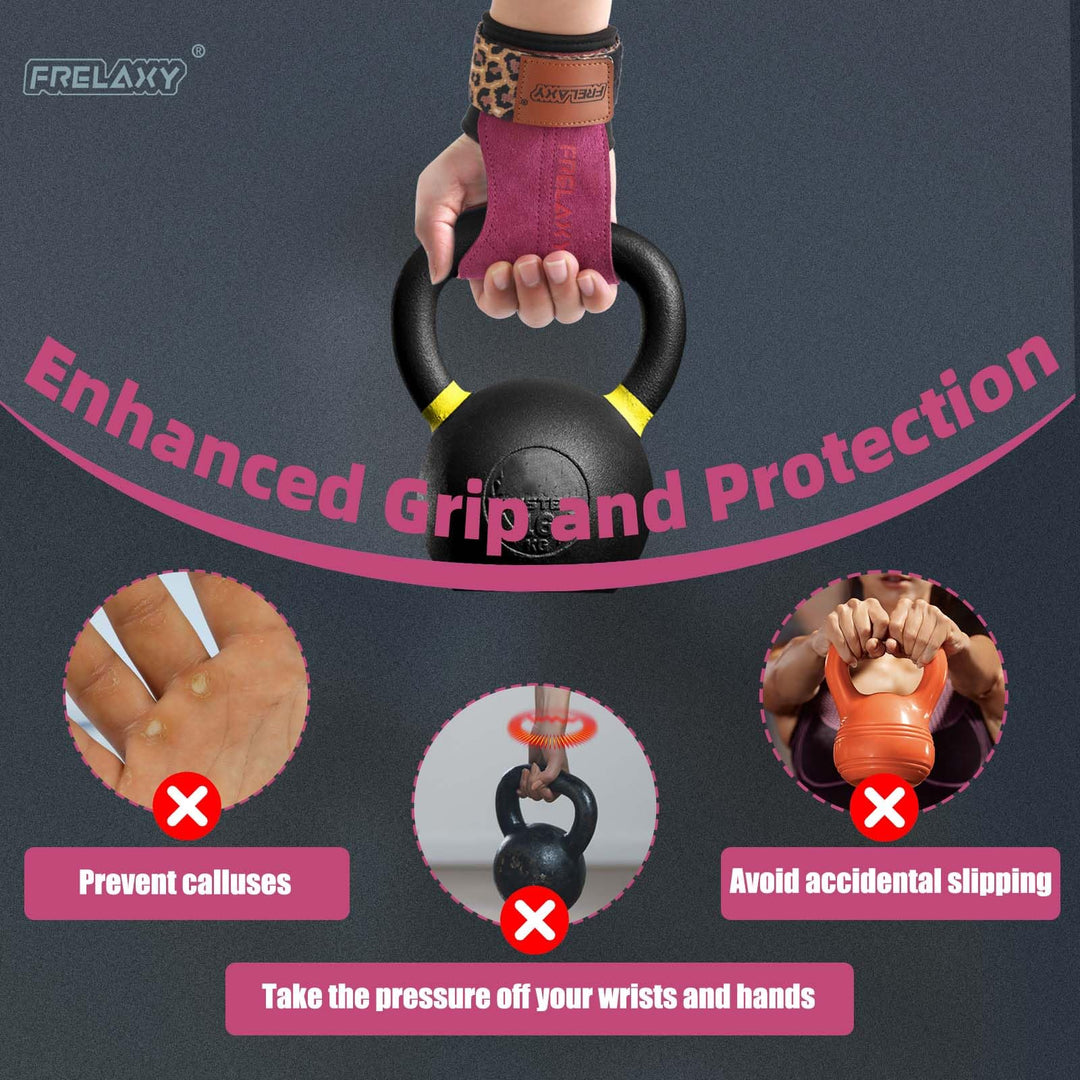 Frelaxy lifting Grips Women and Men, Weight lifting Wrist Straps with Cushion Wrist Loop, Double Layer Leather, and Storage Pouch, Gym Gloves for Deadlift and Powerlifting (Purple/Leopard)