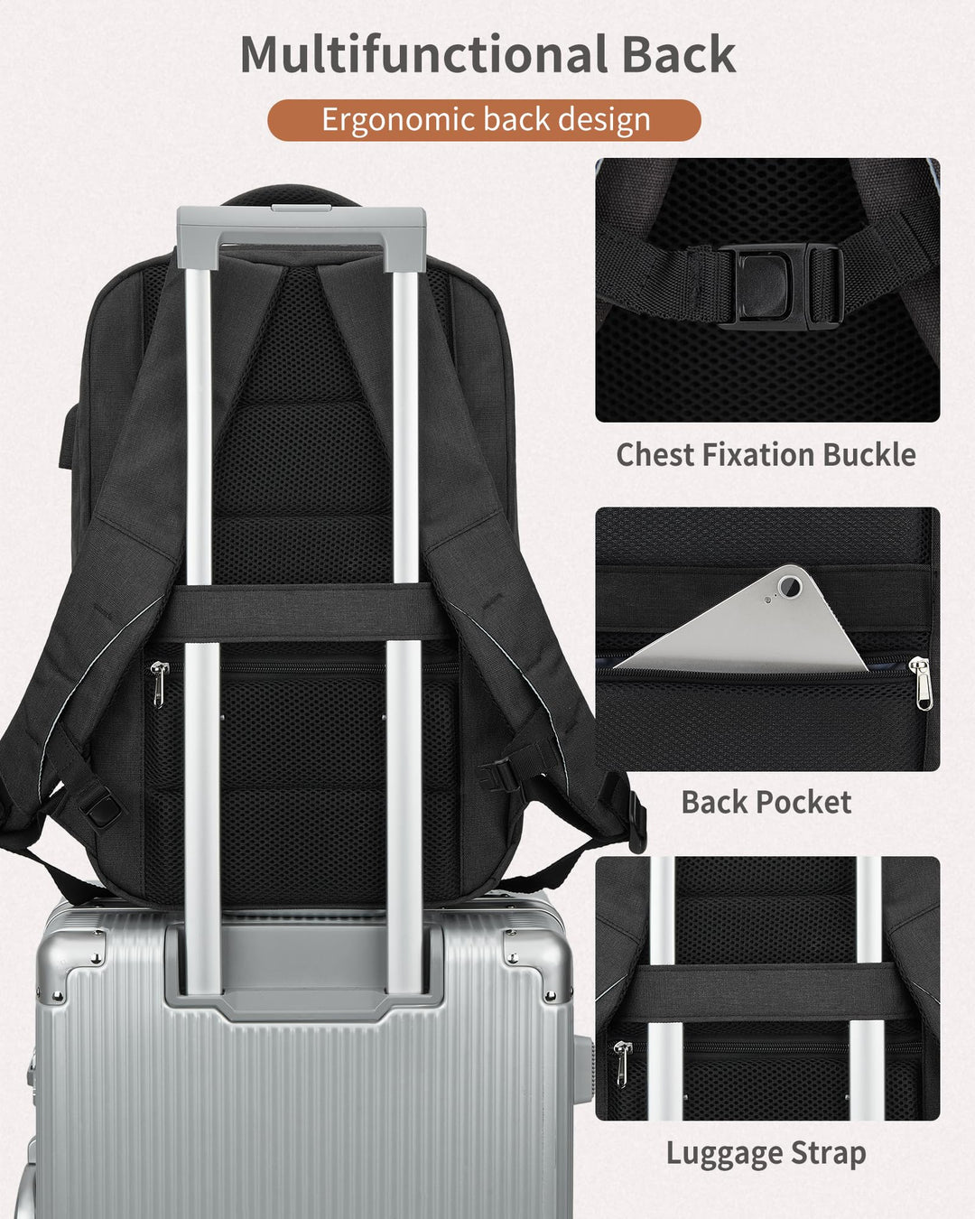 Black Laptop Travel Backpack For Women Men Airline Approved Carry On Bags For Airplanes Underseat Luggage Backpack For Traveling On Airplane Personal Item Travel Bag For Airlines Travel Essentials