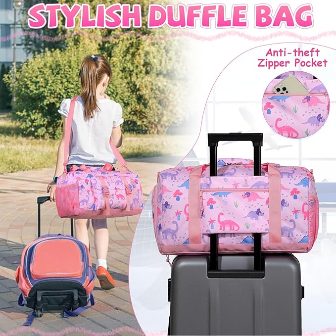 Kids Overnight Duffel Bags,Kasqo Girls Dance Bag Water Resistant Sports Gym Ballet Bag for Teens Sleepover Travel Bag Weekender Carry On Tote with Shoes Compartment Dry Wet Pocket,Pink Dinosaur