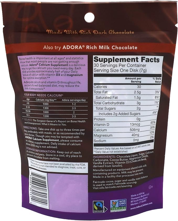 Adora Calcium Supplement, Fairtrade Dark Chocolate, Single Pack - 30 ct