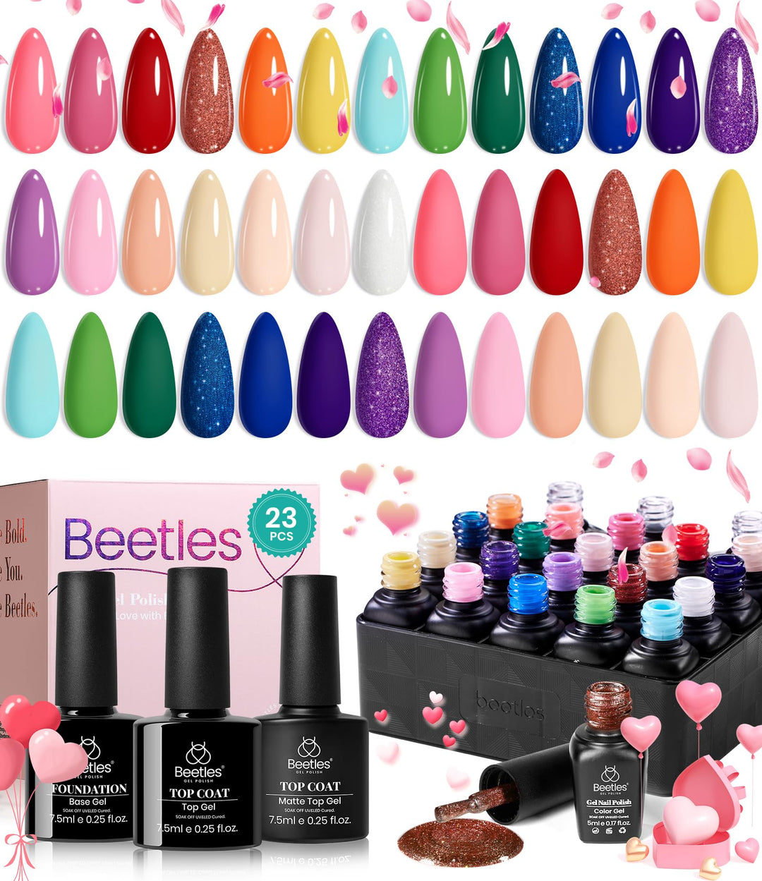 Beetles Gel Polish Set 23Pcs Gel Nail Polish Red Pink Green Orange Glitter Gel Polish Kit With Base Glossy And Matte Top Coat Pa