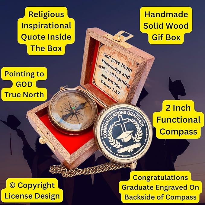 Gradautaion Gift - Congratulations Graduate Gifts for Graduation 2024, Engraved Compass in Wood Box, Unique Uplifting Inspirational Gift, College High School Graduation Gift for Boys and Girls