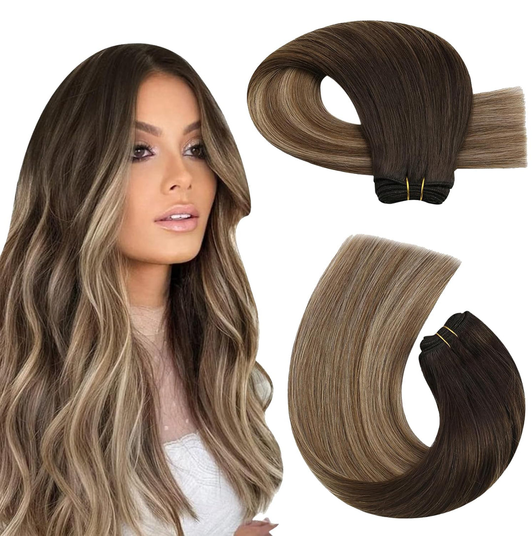 Moresoo Sew In Extensions Human Hair Balayage Weft Hair Extensions Chocolate Brown Ombre To Light Brown With Blonde Sew In Hair