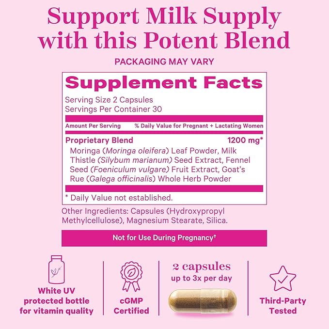 Pink Stork Pumping Moms Lactation Supplement - Support Breast Milk Supply and Flow with Goat's Rue, Milk Thistle and Moringa, Fenugreek-Free, Breastfeeding Essentials for New Moms - 60 Capsules