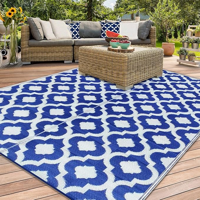 BalajeesUSA Outdoor Rug - 2 PK 5x7 Blue, Reversible Recycled Plastic Straw Outdoor Patio Rugs Clearance Waterproof Large RV Camper Mats 491