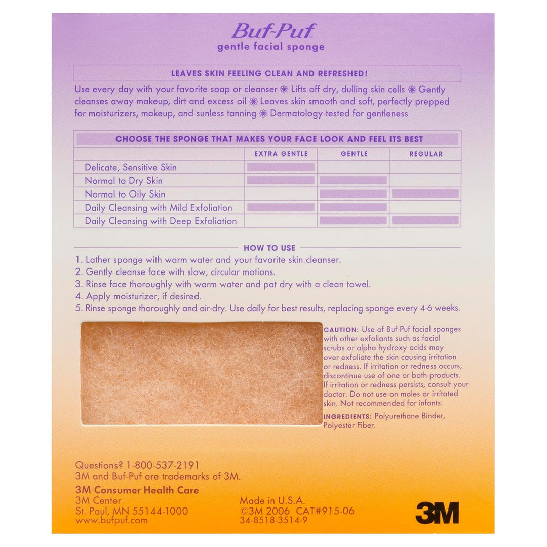 Buf-Puf Gentle Facial Sponge, Dermatologist Developed, Removes Deep Down Dirt & Makeup That Causes Breakouts and Blackheads, Reusable, Exfoliating, 1 Count