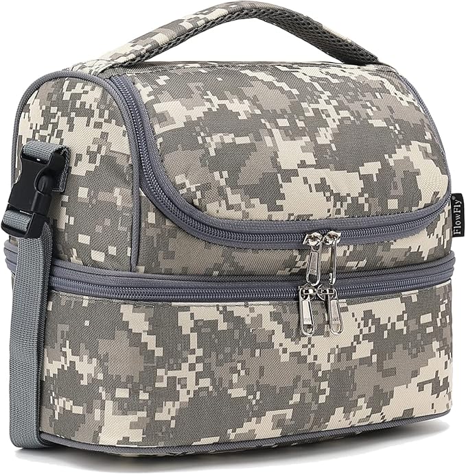 FlowFly Kids Double Decker Cooler Insulated Lunch Bag Large Tote for Boys, Girls, Men, Women, With Adjustable Strap, Digital Camo