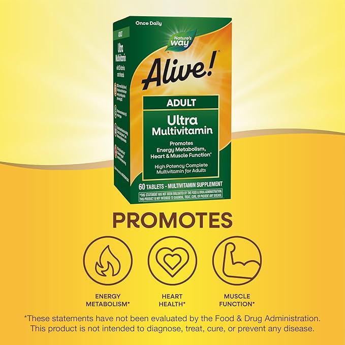 Nature's Way Alive! Adult Ultra Multivitamin, Promotes Energy Metabolism, Heart & Muscle Function*, with B-Vitamins Including Methylated B12, Gluten Free, 60 Tablets