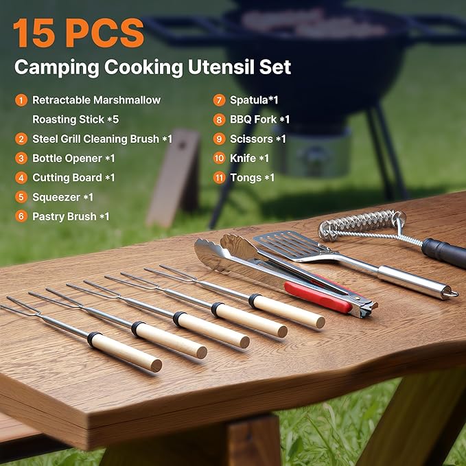 Camping Cooking Utensils Set Grilling Cookware Camp Kitchen Rotating Marshmallow Roasting Sticks BBQ Forks, Portable RV Camping Essentials Camper Must Haves for Cookouts Open Fire Pit