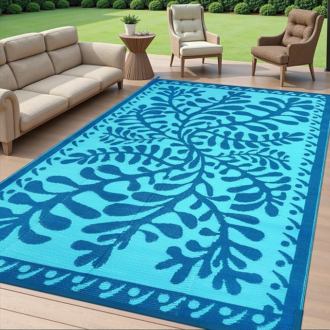 Anidaroel Outdoor Area Rug for Patio Clearance 6x9 Waterproof, Reversible Plastic Straw Rug Outside Rug, RV Mat for Camping, Porch, Balcony, Pool Deck, Backyard (Blue,6’x9’)