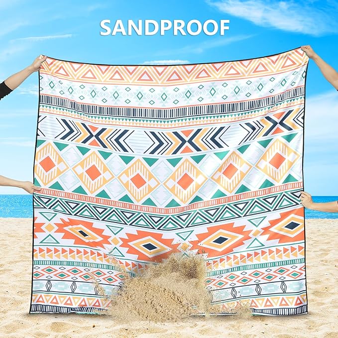 Beach Blanket, Sandproof Beach Mat, Waterproof Quick Drying Lightweight Outdoor Aztec Picnic Mat 79" X 83" for 2-4 Adults with Pocket for Travel, Camping, Hiking
