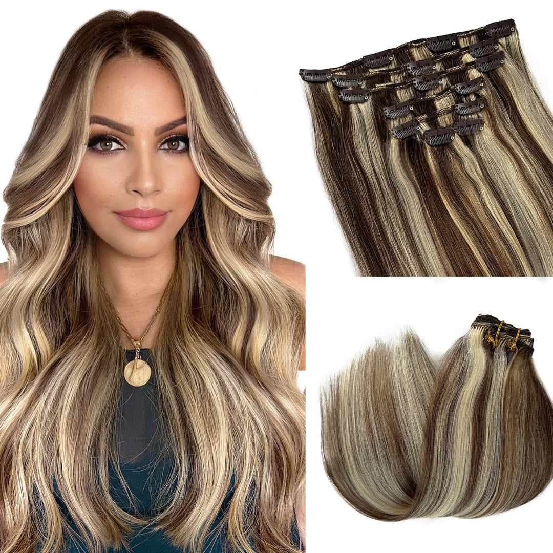 Clip In Hair Extensions Medium Brown Mixed Bleach Blonde 20 Inch 7Pcs Real Human Hair Extension Clip Ins Double Weft Invisible B