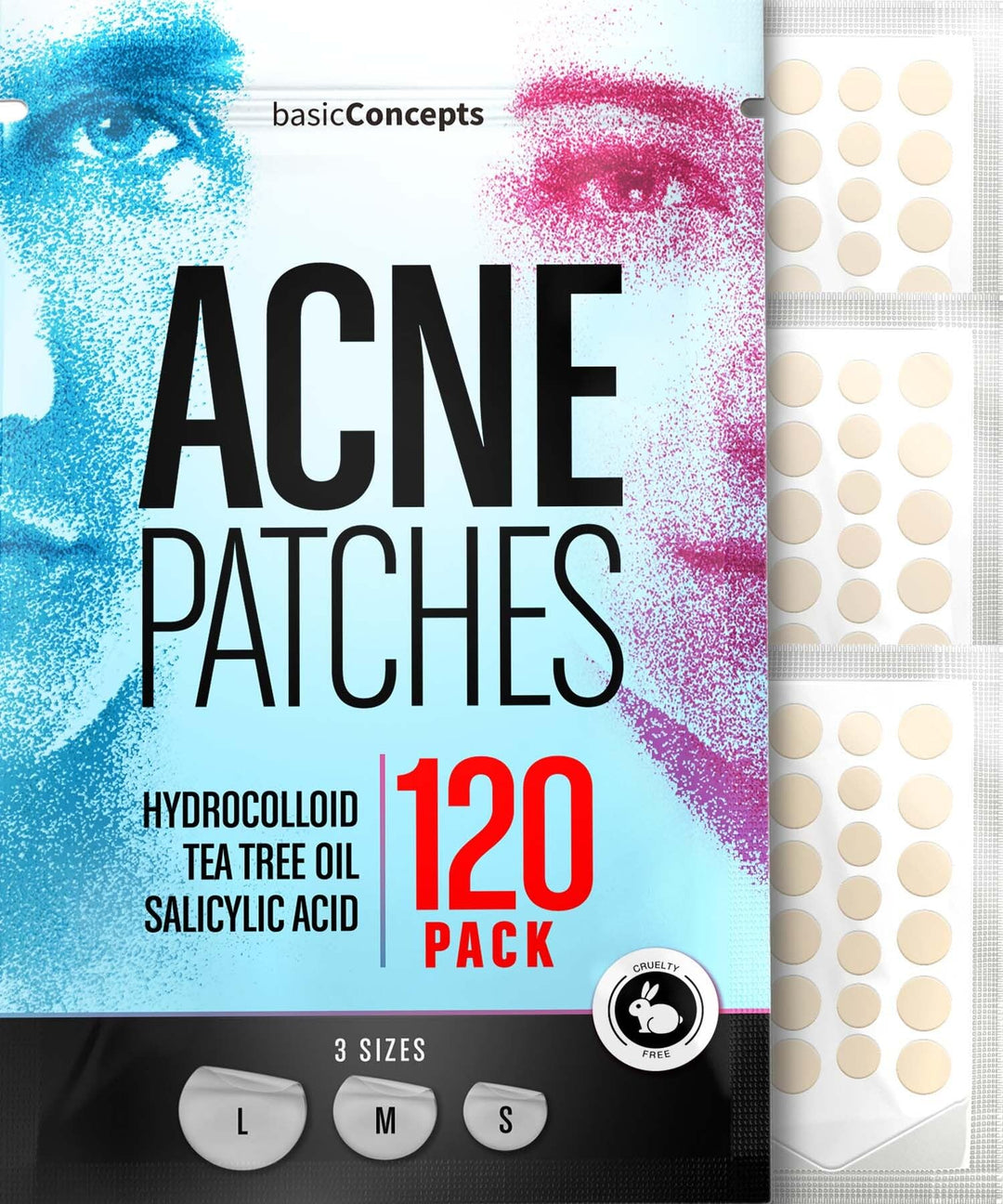Basic Concepts Acne Patches (120 Pack), Salicylic Acid, Tea Tree Oil And Hydrocolloid Pimple Patches For Face, Zit Patch (3 Size