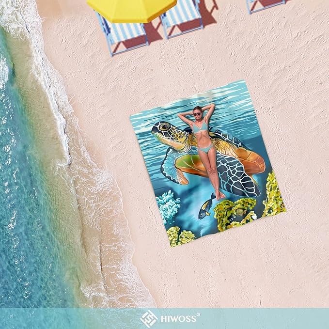 Beach Blanket Waterproof Sandproof Oversized 95”x 80”,Sand Free Beach Mat with Corner Pockets,Portable Mesh Bag for Beach Festival,Picnic,Travel and Outdoor Camping (Turtle Plus)