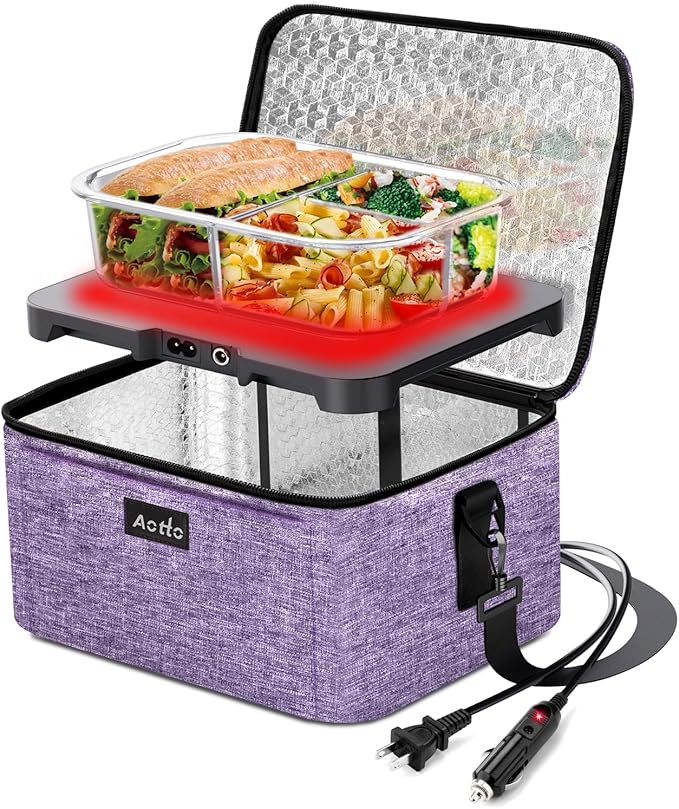 Aotto Portable Electric Lunch Box Food Heater, 12V/24V/110V 3-in-1 Car Food Warmer Heated Lunch Box for Adults, Cook, Reheat & Keep Meals Warm for Car, Truck, Travel, Work, Home - Purple