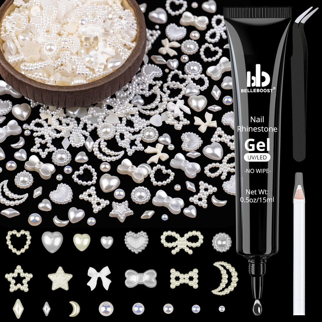600Pcs 3D Multi Shapes Nail Charms and Flatback Pearls, White&Beige Mix Styles Heart Star Bow Sunflower Embellishments for Nail Art, Craft and Decoration with Glue Gel, Tweezer and Pickup Pencil