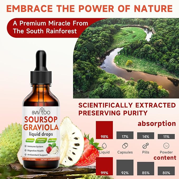 Soursop Graviola Liquid Drops for Cell Support & Regeneration, Immune Boost, Relax, Liver and Sleep, Soursop Bitters Liquid, Sugar/Gluten Free, Natural Strawberries Flavor - 2 Fl Oz (60ml) Bottle