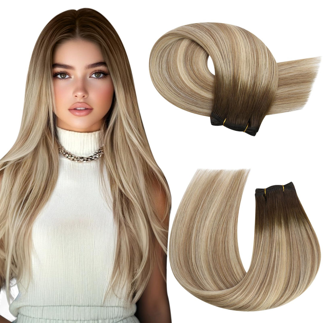 Moresoo Weft Hair Extensions Human Hair Remy Brown Sew In Weft Hair Extensions Ombre Brown To Light Brown With Golden Blonde Sew
