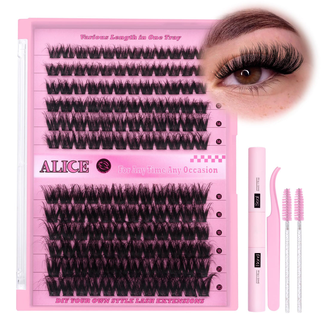 ALICE Lash Extension Kit Wispy Volume Cluster Lashes Wispy 8-20MM Individual Lashes Eyelash Clusters Kit Lash Glue Bond and Seal Tweezers Diy Eyelash Extension Kit Self Application at Home