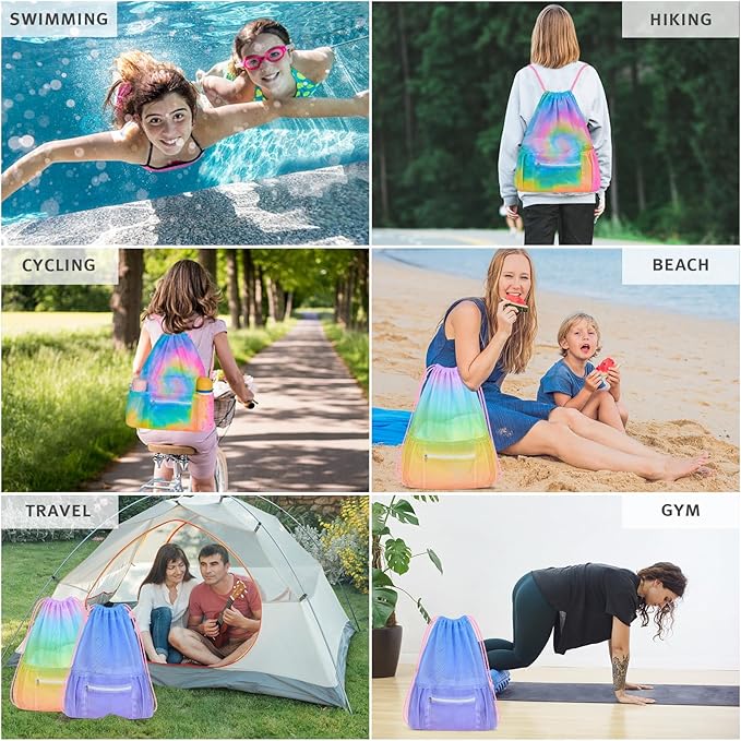 Mesh Drawstring Backpack, Large Sports Gym Bag for Women Kids with Pocket and Zipper Sackpack for Beach Yoga Football Soccer (Tie Dye Yellow)