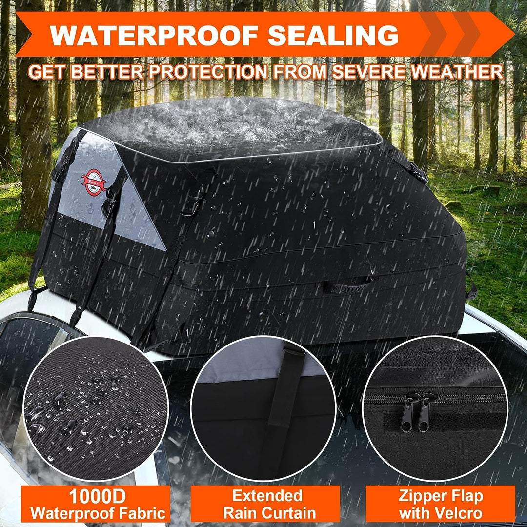Car Rooftop Cargo Carrier Roof Bag, 20 Cubic Feet Waterproof Roof Top Cargo Carrier fit Car with Without Luggage Rack - Vehicle Soft Shell Roof Cargo Box with Tie-Down Strap, Safety Hook & Storage Bag