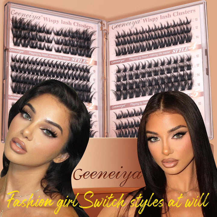 Geeneiya Wispy Lash Clusters 6 Styles Eyelash Clusters Natural Cluster Eyelash Extensions D Curl Individual Lashes 9-16mm DIY Lash Extension for Beginners(Wispy/Manga/Cat Eye/Natural/Spiky/Cross)