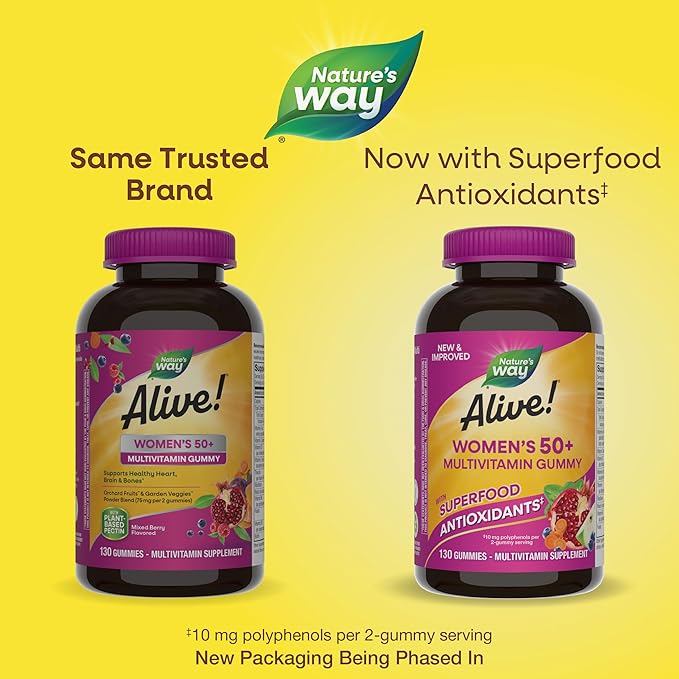 Nature's Way Alive! Women’s 50+ Daily Gummy Multivitamins, Supports Multiple Body Systems*, Supports Healthy Heart, Brain & Bones,* B-Vitamins, Mixed Berry Flavored, 130 Gummies (Packaging May Vary)