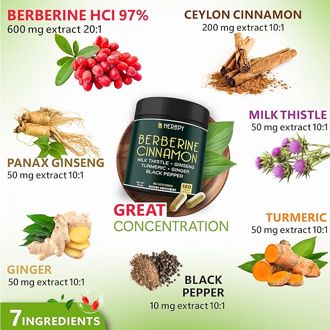Bundle 7in1 16100mg Berberine HCl & 6in1 7550mg Premium Ceylon Cinnamon Supplements - Support Daily Activities, Body Balance, Immune & Digestion