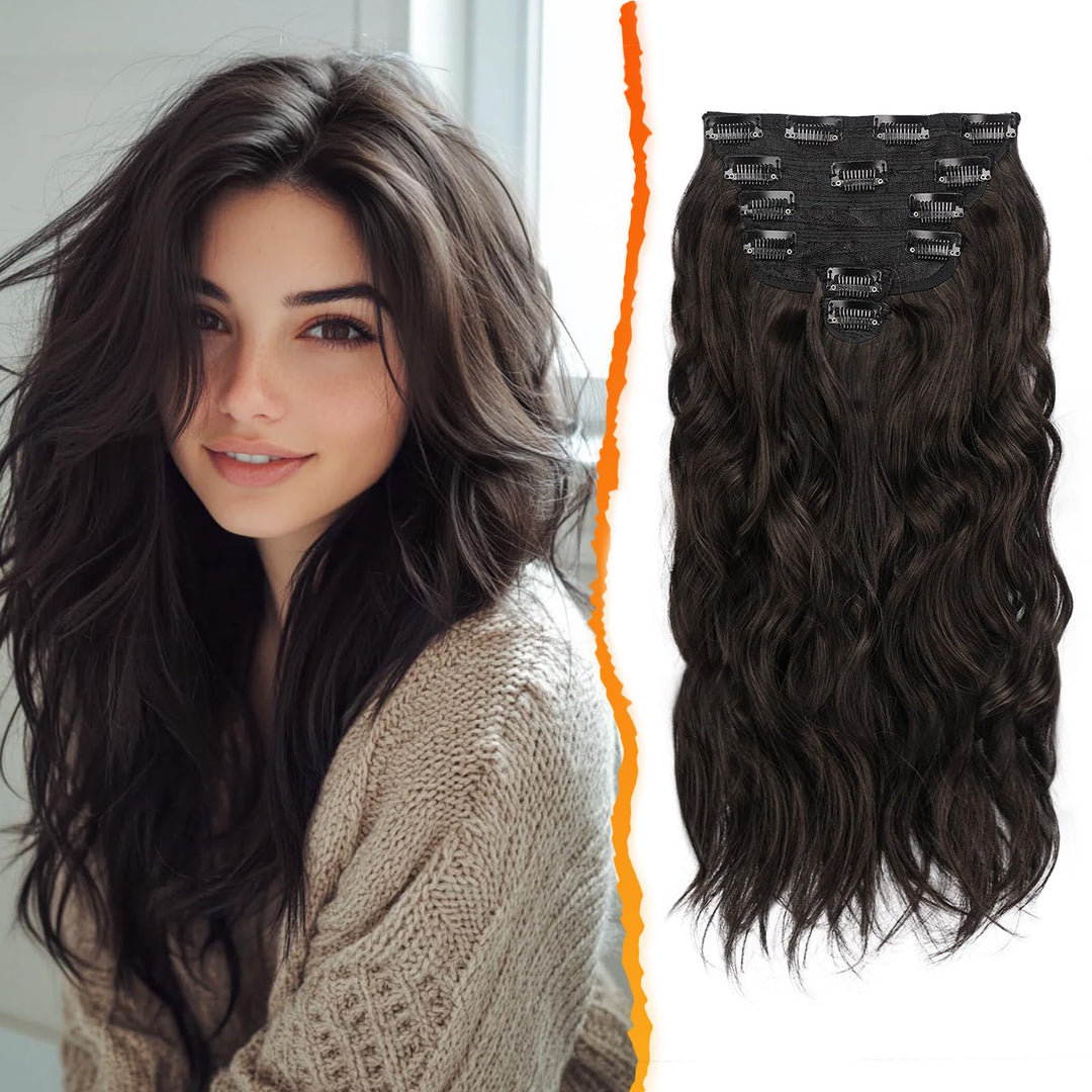 BARSDAR Brown Clip in Hair Extensions - 16 Inch Wavy Clip in Hair Extensions for Women - 6PCs Full Head Thick Soft Synthetic Clip in Hairpieces Daily Party Halloween- Dark Brown