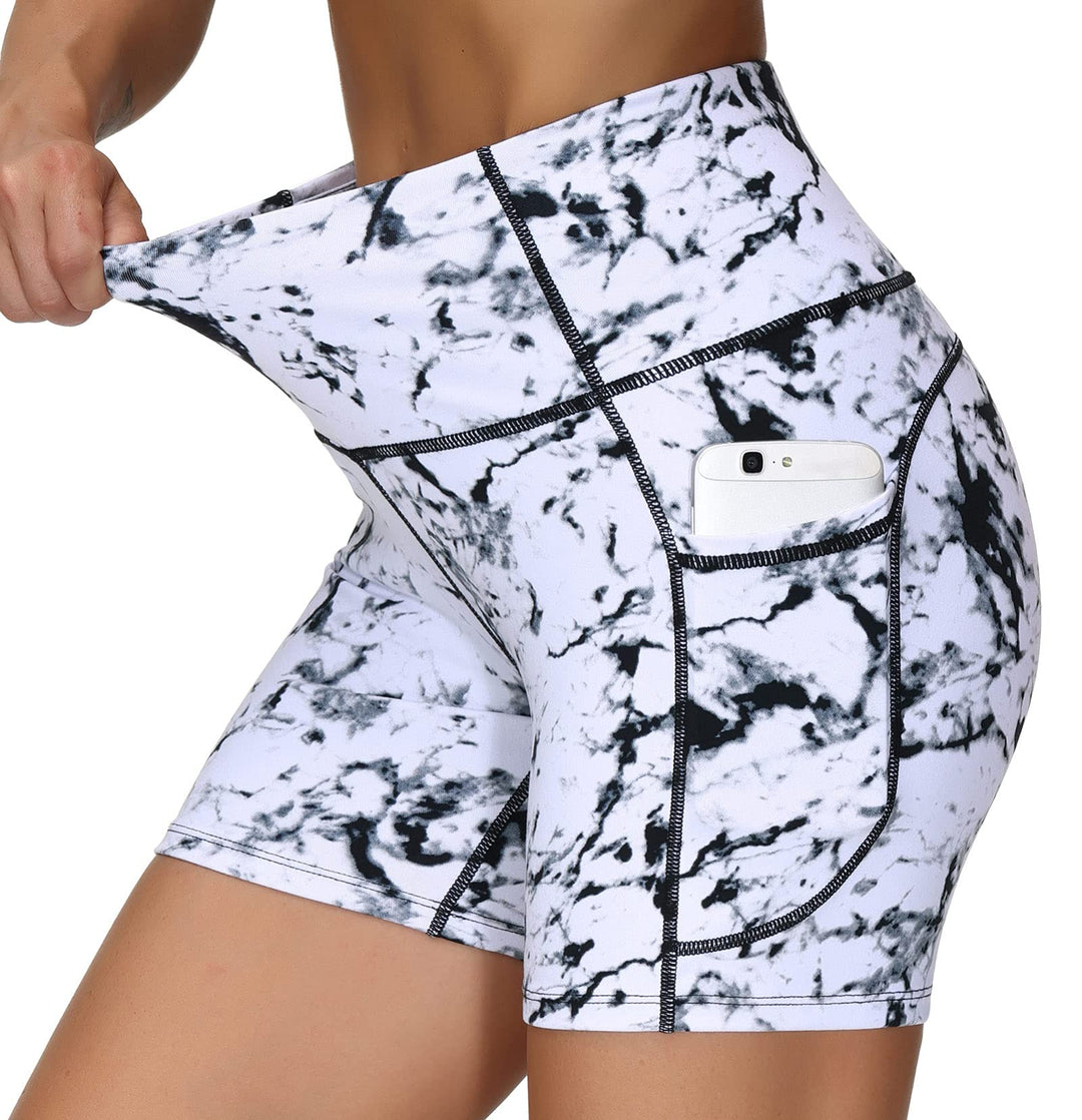 THE GYM PEOPLE High Waist Yoga Shorts for Women Tummy Control Fitness Athletic Workout Running Shorts with Deep Pockets (Small, Marble White)