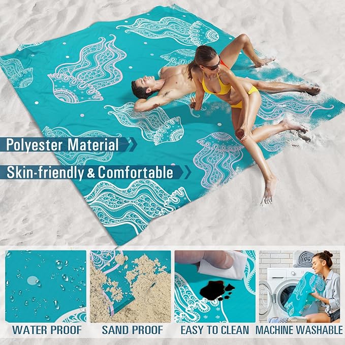 Beach Blanket Sandproof Waterproof 78''×110'' 1-7Adults Oversized,Compact Lightweight Durable Beach Mat for Travel Camping Hiking Picnic Blanket