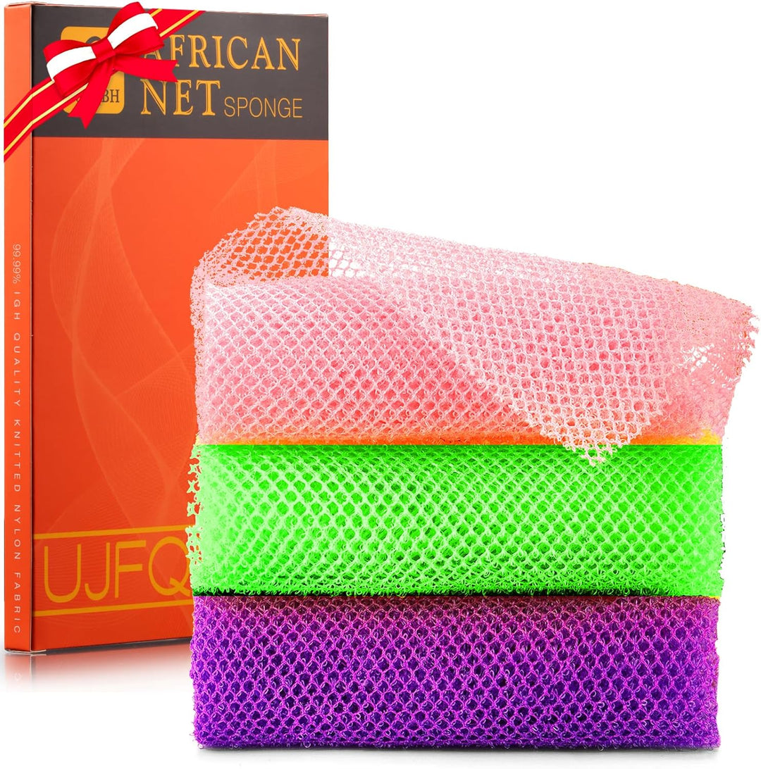 3-Piece African Net Bath Sponge Set | Exfoliating Body Scrubber | Black, Blue, Brown