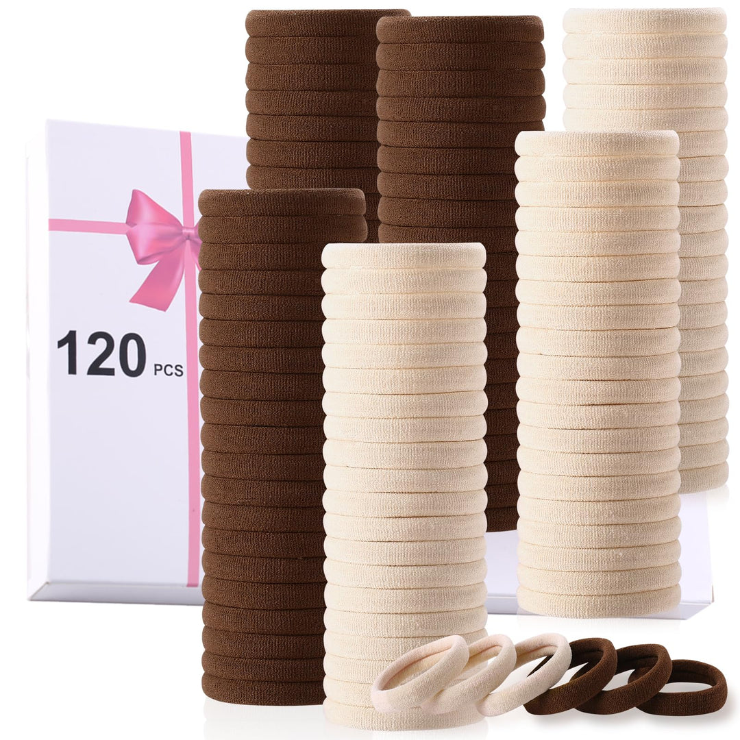 LuSeren 120 Pcs No Damage Thick Hair Ties, Large Soft Seamless Nylon Hair Elastics for Women, Ponytail Holders - Blonde & Brown