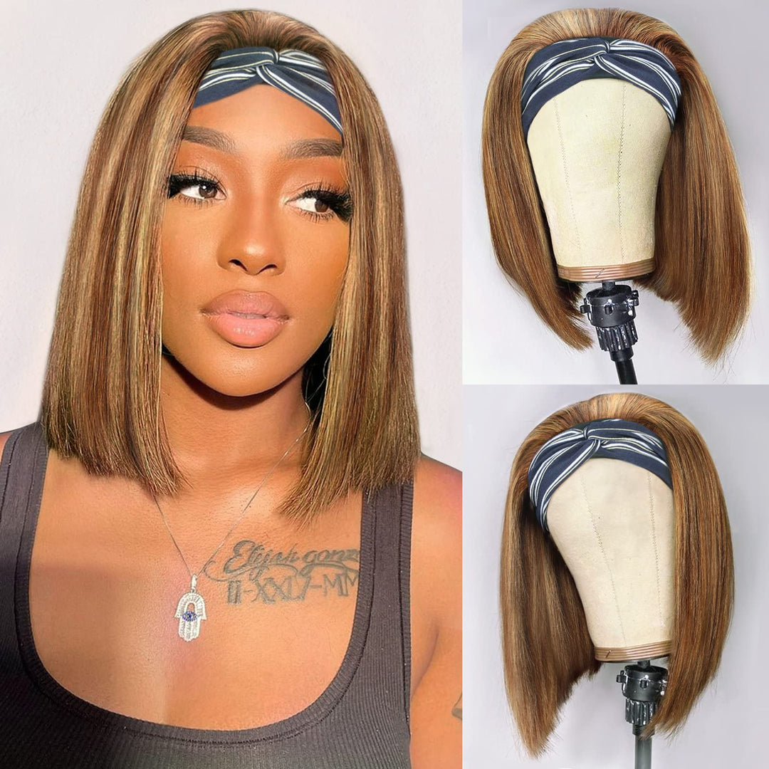Highlight Bob Headband Wigs Human Hair Short Straight Bob Headband Human Hair Wig For Black Women 150% Density Brazilian Glueles